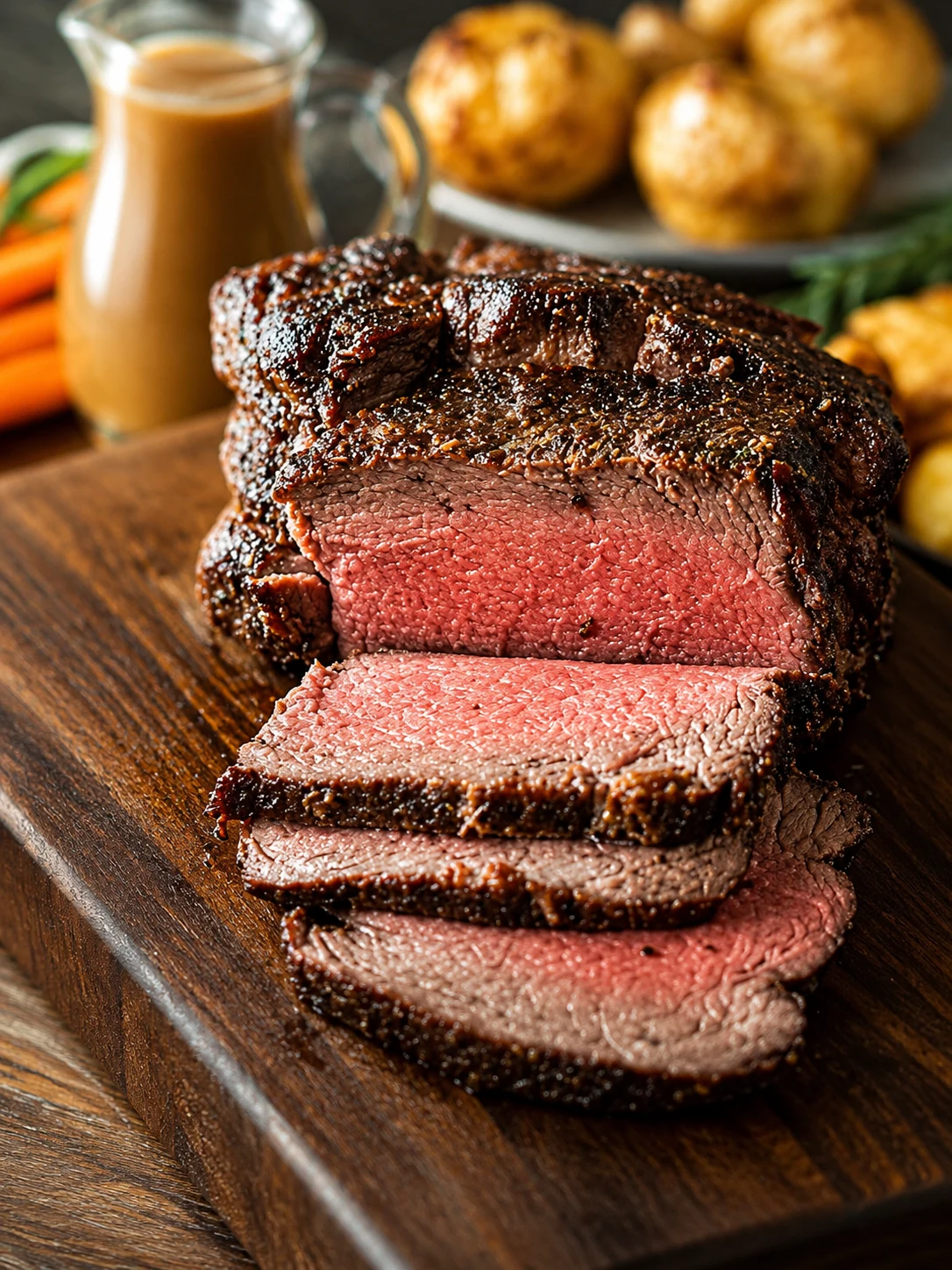 Sliced roast beef with potatoes and gravy