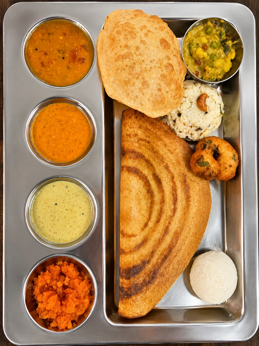 South Indian selection with dosa, idli, poori, vada and chutneys
